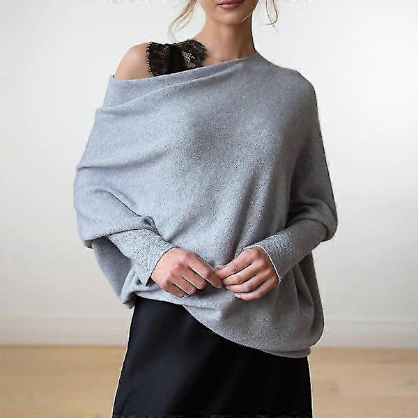 Asymmetrisk draperad tröja, en tröja lika mjuk som molnen, dam långärmad slapp batwing enfärgad mjuk stickad tröja grey