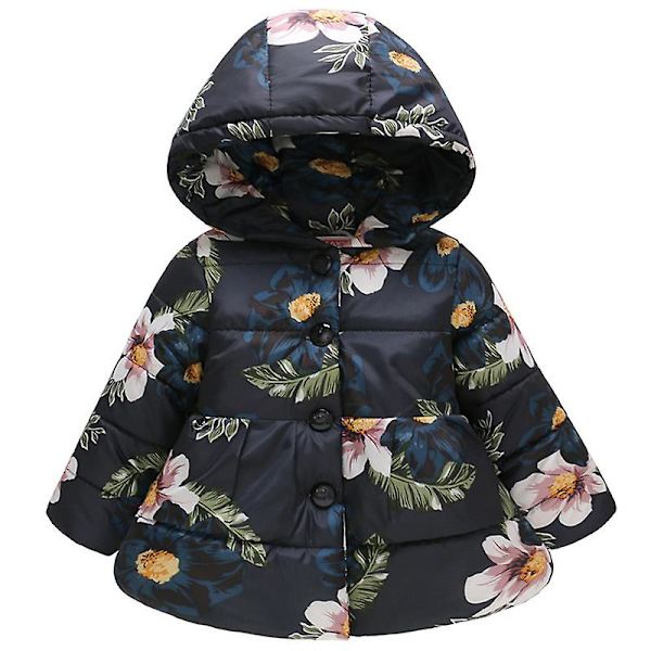 Vinterjacka för små flickor med blommönster, tjock vadderad huva Navy Blue Orchid 3-4 Years