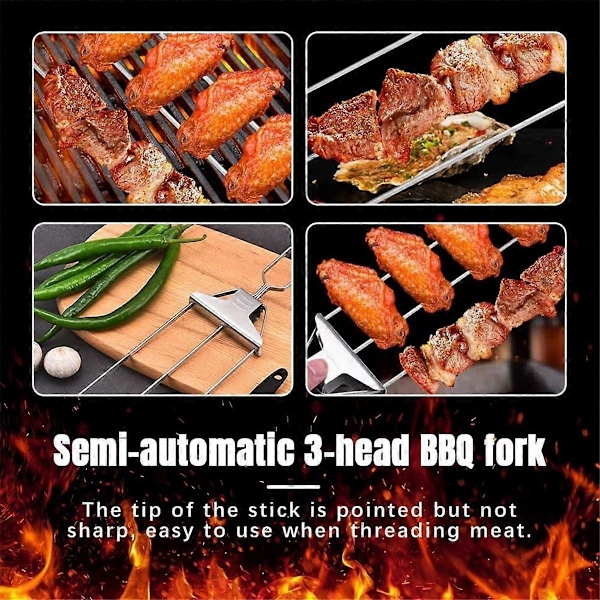 Tre-Grillgaffel Semi-Automatisk Grillgaffel Husholdningsgrill Grillnål Kebab