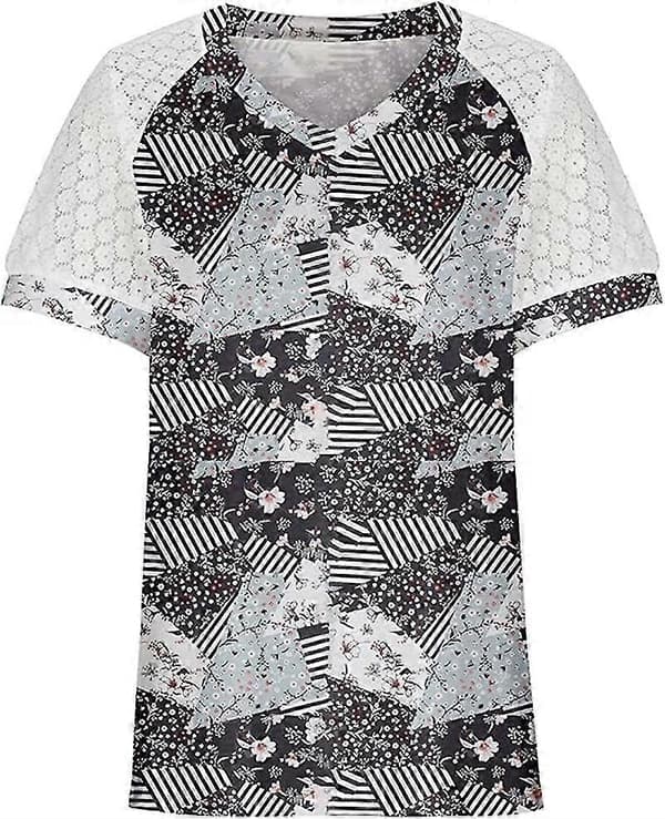 Mode Spetstoppar Sömmar Kortärmad V-ringad T-shirt Blus Blomstertryck L