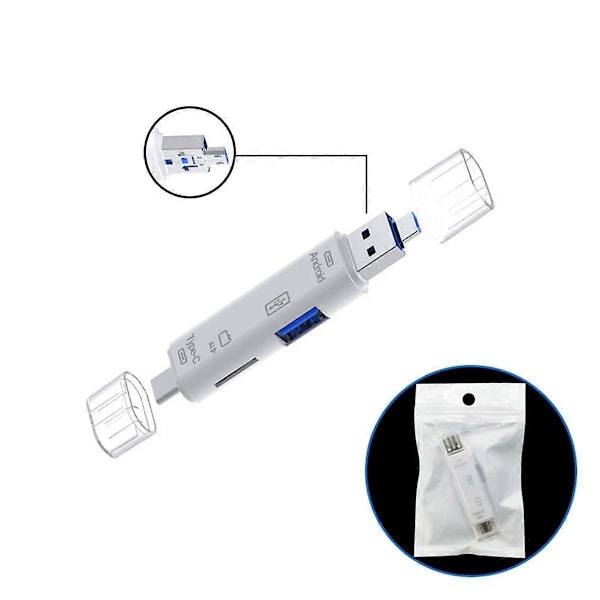 3-in-1 kortinlukija OTG-toiminnolla, tukee USB 2.0 / Type C / USB -toimintoa Micro-USB muistikortti valkoinen