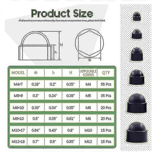 160 st Nylon Dome Hex Mutter Skydd Plast Skyddsmutter M4/m5m6/m8/m10/m12 Kit