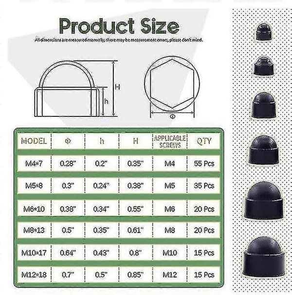 160 stk. Nylon Dome Sekskantmutterdeksel Plastbeskyttelse Mutterhette M4/m5m6/m8/m10/m12 Sett