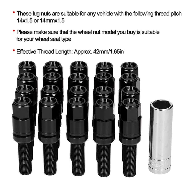 21 stk. 42 mm Forlænget Hjulbolt Sæt med Muffe M14x1.5 Kuglesæde Universal Auto Modifikation Sort