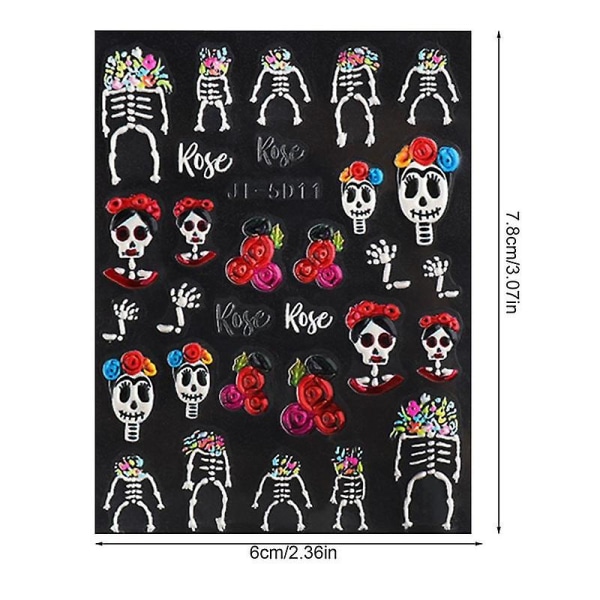 Halloween Nageldekaler Halloween 5d Bone Skull Design Nagelklistermärken Självhäftande läskiga Cosplay Diy Nail Art Dekorationer för JI5D10