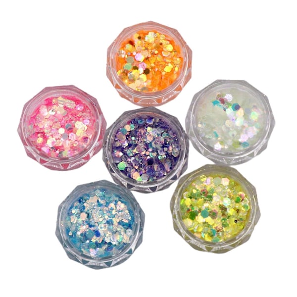 6 Lådor/Set Nagelbitar Självlysande Försköna Naglar ABS Mode DIY Manikyr Ljusande Paljetter för Skönhet QinHai