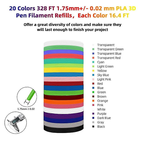 20 Färger PLA 3D-pennfilamentpåfyllningar, 1,75 mm 3D-pennfilament, varje färg 5 m, totalt 100 m, kompatibel med MYNT3D 3DP Ens