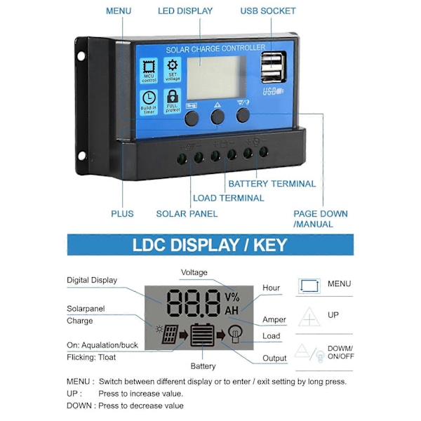 12V 24V Aurinkolatauksen purkausohjain PWM LCD-näytöllä, kaksois-USB-ulostulo, säädin kotiin, teollisuuteen, autoon 10A