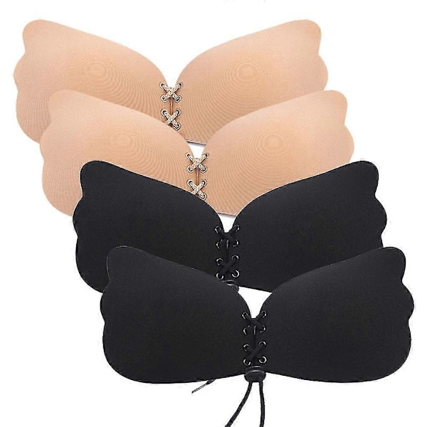 Liimautuvat rintaliivit, 2 paria, olkaimettomat selästä avoimet liivit, itseliimautuvat näkymättömät kohottavat push-up-rintaliivit selästä avoimille mekoille (beige ja musta) C