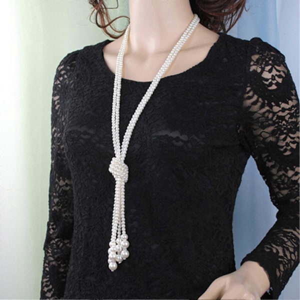 Faux Pärlhalsband Vit Färg Knutet Pärlformat Lång Tofs Halskedja Elegant Utsmyckning Legering Smycken Kvinnor Klänning Tröja Halsband Tillbehör Smycken