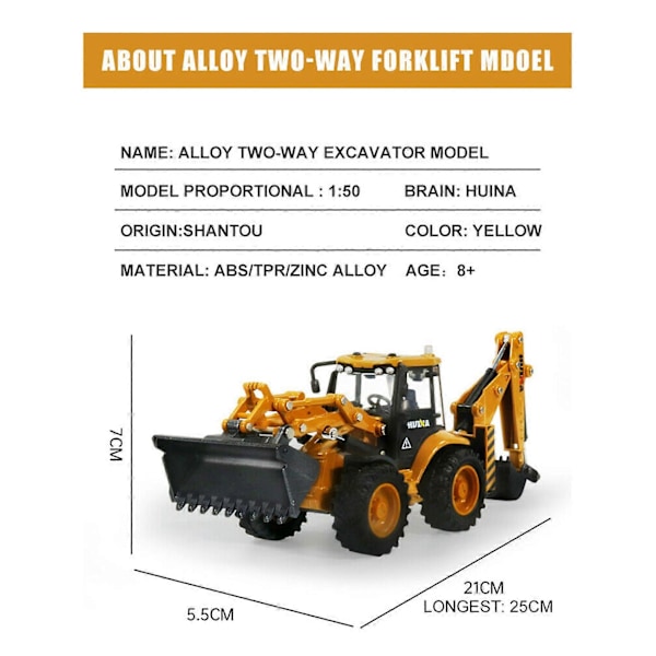 1704 1:50 Model Gravemaskine Front Back Hoe Loader Simulation Støbt Ingeniørkøretøj Modelbil