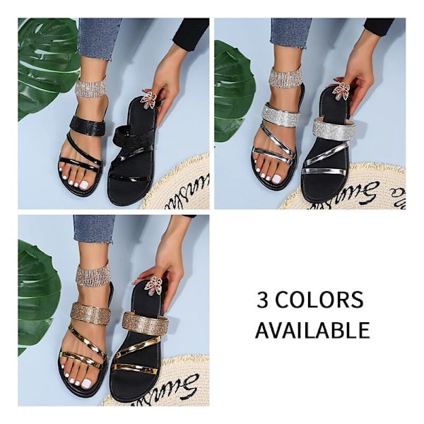 Sommarsandaler för kvinnor, platta sandaler med gnistrande strass, trendiga damsandaler för stranden, glittriga, eleganta slip-on skor med bling för vardagsbruk Silver 36