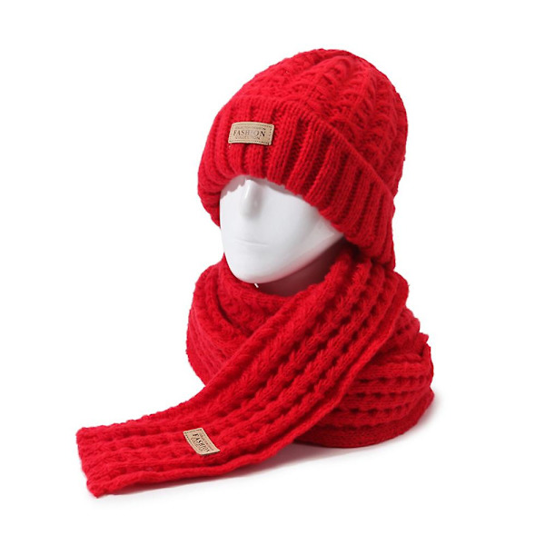 Dam Vinter Varm Stickad Mössa Halsduk Set Lång Halsvärmare Halsdukar Skidmössor Red