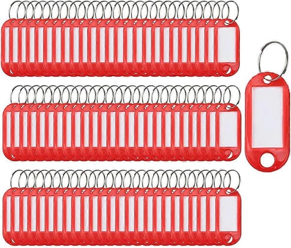 100-pakning nøkkelbrikker i plast med splittring (rød)