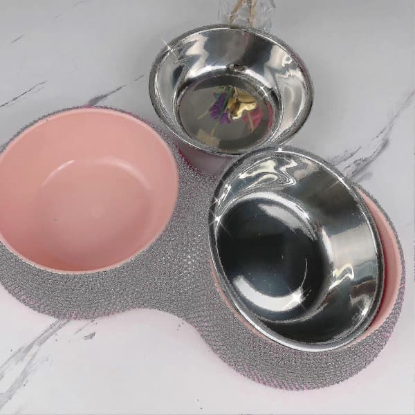 Rhinestone Hundeskåle Rustfrit Stål Dobbelt Foder Pet Til Hvalpe Pink