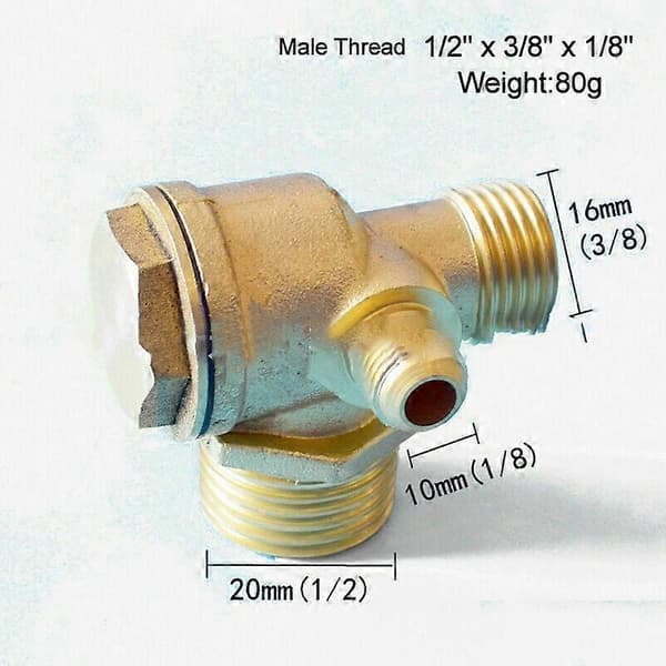 Luftkompressor backventil, 1/2\" x 3/8\" x 1/8\" utvändig mässingsventil med gängad anslutning för tryckluftstank och pump