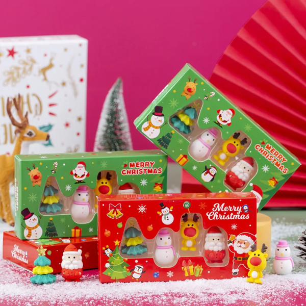 4 st Suddgummi Barn Box Set Målning God Jul Jultomten Penna Eraser Skola Student Kontor Brevpapper Skrivpresent