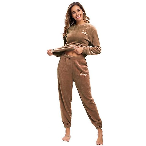 Varma vinterpyjamasar plus fleecetröja och byxor, mjuk pyjamas med rund hals Brown M