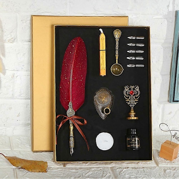 Kalligrafipenna Bläckset Vintage Fjäderpenna Dopppenna Skrivbläck Nibbsats med Sigillstämpel Vaxsigillpinnar (Svart)