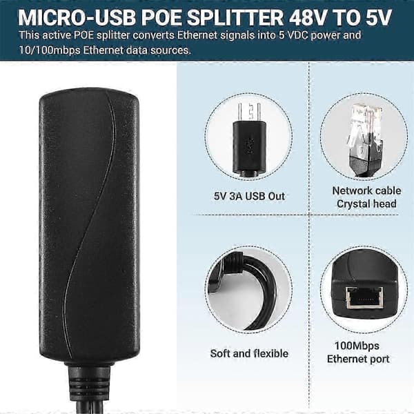 Micro-USB POE Splitter 48V til 5V2A/3A Mini USB Strømforsyning Nasjonal Standard med Smarttelefonlader