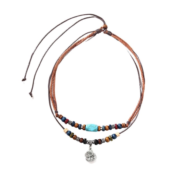 Halsband för män, lager på lager, etnisk stil, metallblomma, vaxrep, träpärlor, turkos nyckelbenskedja, smyckestillbehör