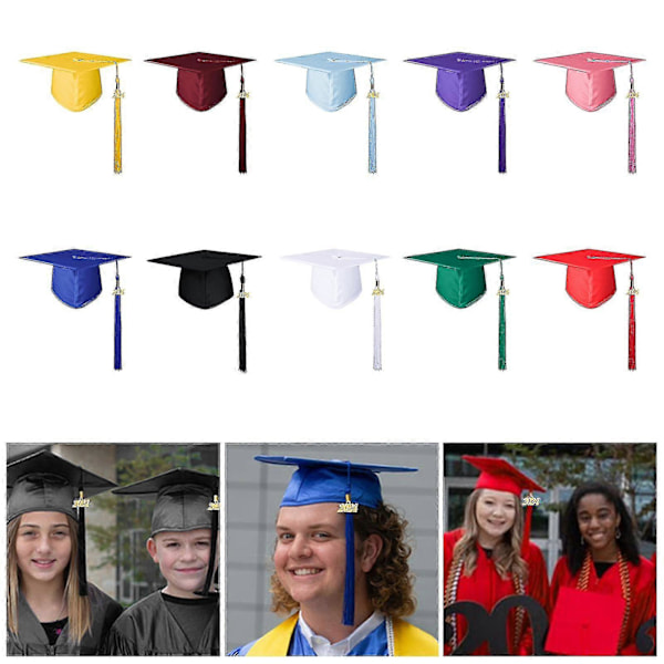 Voksen Graduation Hat med Kvast Ensfarvet Ikke-blegende Gymnasium Bachelor Graduation Hat Cosplay Rekvisit Blue