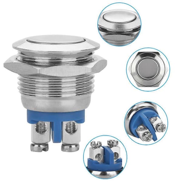 5 stk/sett 16mm 250V Vanntett Metall 2-Pin Mini Trykknappbryter (flatt hode)