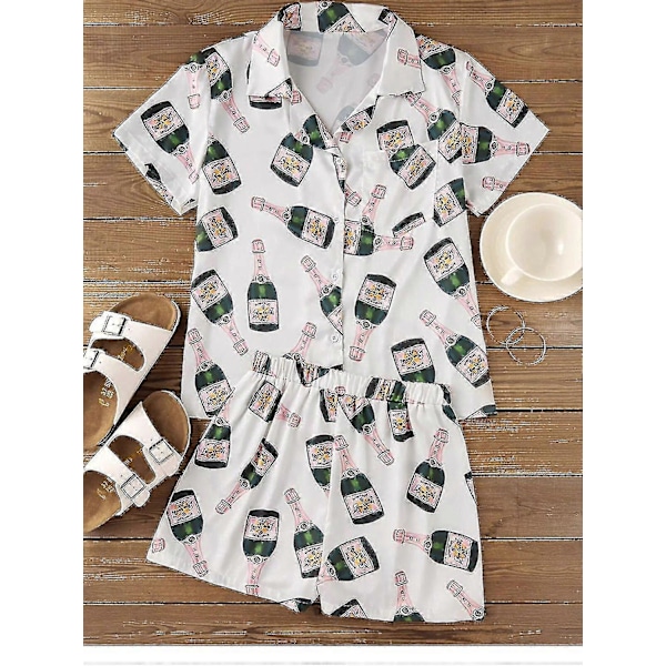 Champagne Flaskor Knapp Pyjamas Set Kvinnor Tryckt Kortärmad 2 Delar Mjuk Lös Casual Nattkläder S