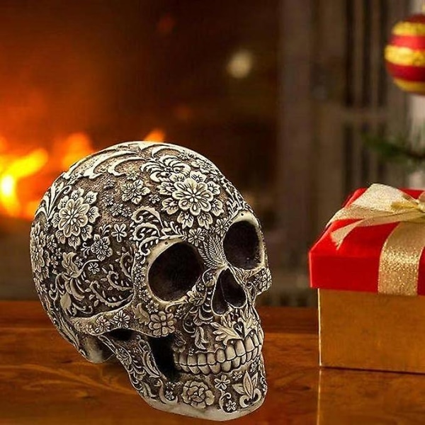 Creative Skull Blommor Skulptur 8,1'' Människohuvud Skelett Staty Samlarobjekt Halloween Dekoration Heminredning, utsmyckad blomma Skalle Ansikte Heminredning Rea