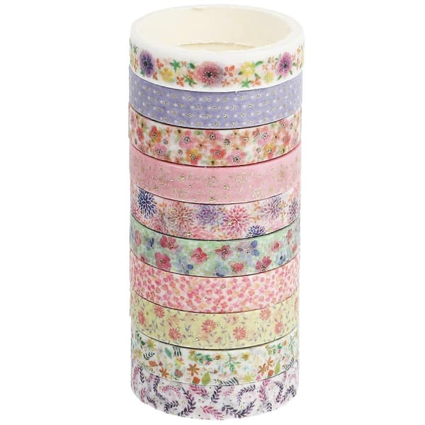 10 rullar Washi-tejp med varmprägling och blommig design, set för handböcker och klippböcker