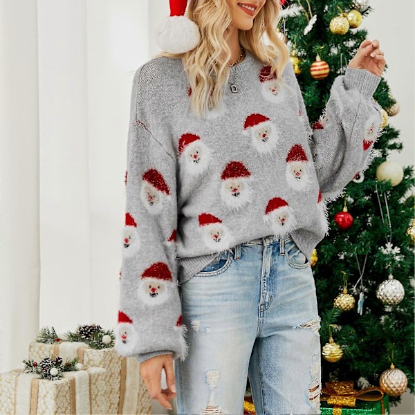 Dame Julemands Strikket Sweater Rund Hals Langærmet Sjov Pullover til Efterår Vinter Grå L