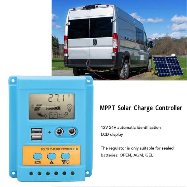 Solarladdningsregulator 12V 24V Autoidentifiering 2 USB-portar LCD-skärm Hög effektivitet för slutna batterier 50A