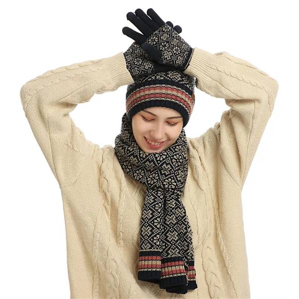 Damhatt, halsduk och modehandskar set Varmfodrad mössa Pekskärm Varma handskar Pekskärm beige