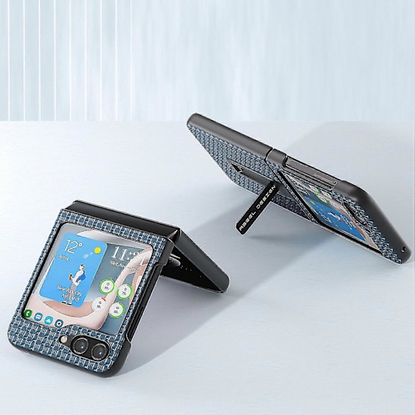 Lyxigt texturerat fodral med stativ i äkta kohudläder + PC-skal för Samsung Galaxy Z Flip5 5G Blue