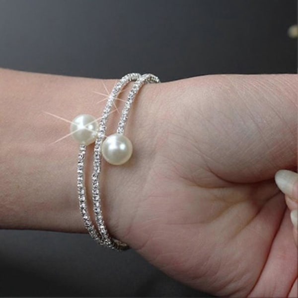 Dam Full Rhinestone Multi-lager Armband Faux Pearl Manschett Öppen Armring