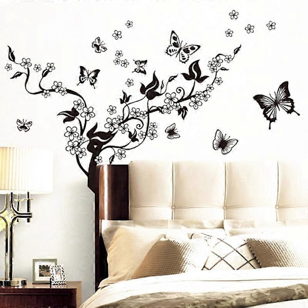 Svart Blommig Fjäril Blomma DIY Vinranka Väggdekor Konst Mural Rum Dekal Qinhai