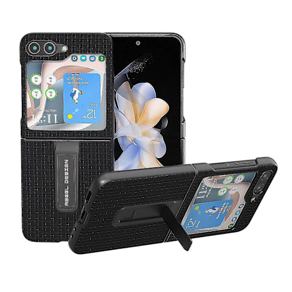 Lyxigt texturerat fodral med stativ i äkta kohudläder + PC-skal för Samsung Galaxy Z Flip5 5G Black