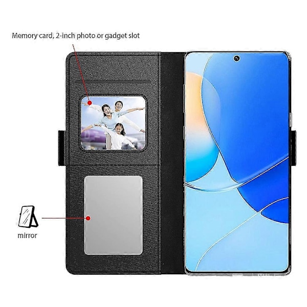 För Huawei nova 12i 4G/Enjoy 70 Pro Fodral Läder Stöttåligt Telefonskal med Spegel och Kortfack Black
