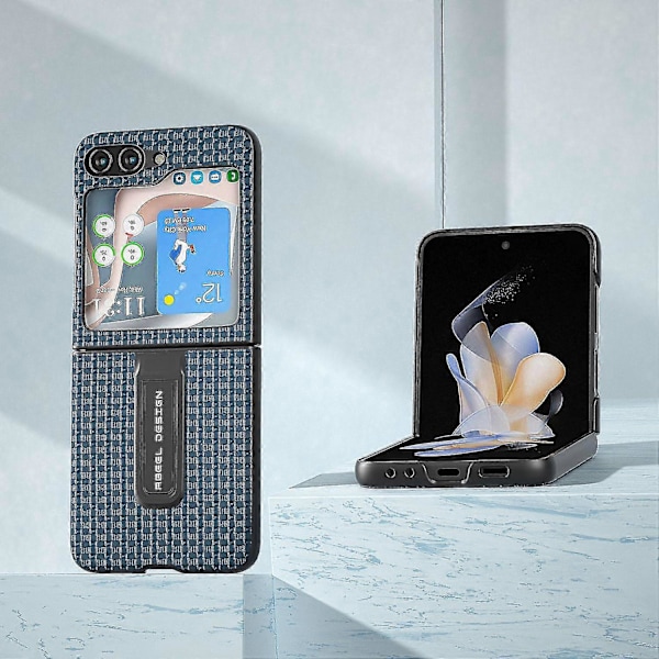 Lyxigt texturerat fodral med stativ i äkta kohudläder + PC-skal för Samsung Galaxy Z Flip5 5G Blue