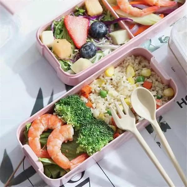 Trelagers Matlåda Bento Box Utomhus Matlåda Mikrovågsugnssäker med Gaffel & Sked Rosa