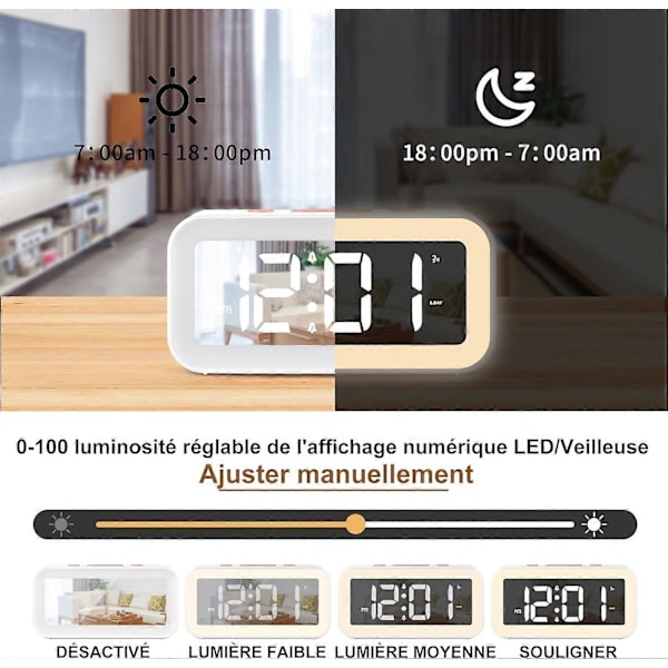 LED digital klokke med justerbart nattlys, slumrefunksjon, 2 alarmer