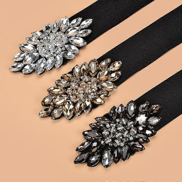 Mote Blomster Rhinestone Spenne Elastisk Midjebelte for Damekjole 72 cm Svart sølv