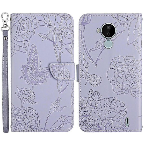 For Nokia C30 Sommerfugl Blomster Preging Pu Lær Telefon Shell, Fallsikker Mønster Preging Design Lommebok Stativ Veske Med Praktisk Stropp Light Purple