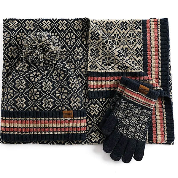 Damhatt, halsduk och modehandskar set Varmfodrad mössa Pekskärm Varma handskar Pekskärm navy blue