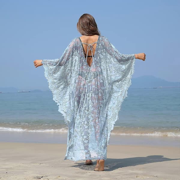 Strandklänning Boho Spets Kimono Plus Size Bikini Morgonrock Baddräkt för Kvinnor Enfärgad Mint Blue