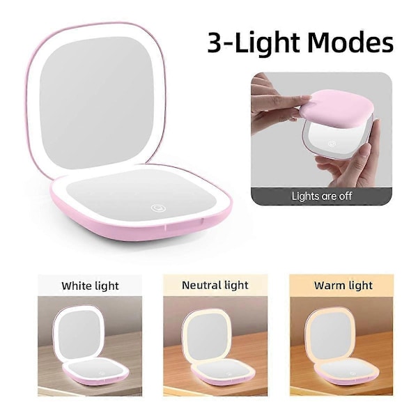 Ficksminkspegel med LED-ljus, 3,5 tum, 10x förstoring, dubbelsidig, uppladdningsbar, pekskärm, rosa