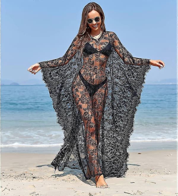 Strandklänning Boho Spets Kimono Plus Size Bikini Morgonrock Baddräkt för Kvinnor Enfärgad Black1