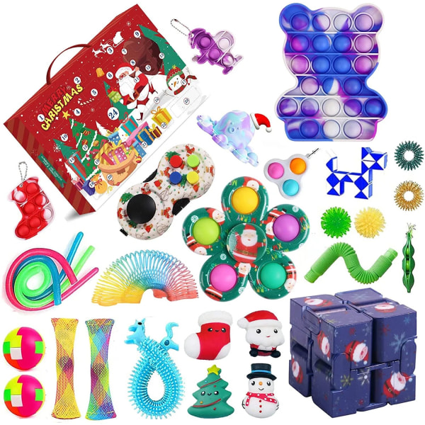 Ny adventskalender 2021 Julleksak för barn Nedräkningskalender 24 dagars julleksaker Jul Push Bubbles Toy Pack Present Noel Chocolate