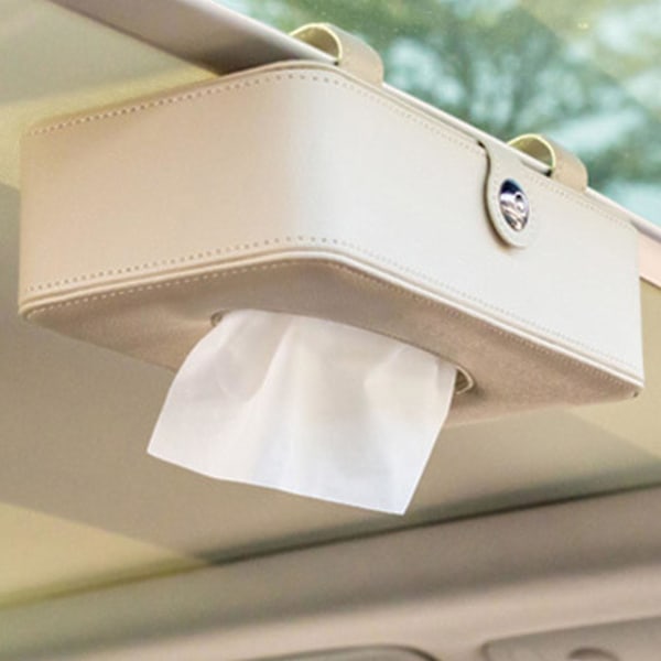Bil Tissue Box Konstläder Hängande Solskydd Servetthållare för Baksäte Takfönster Handskfack Beige