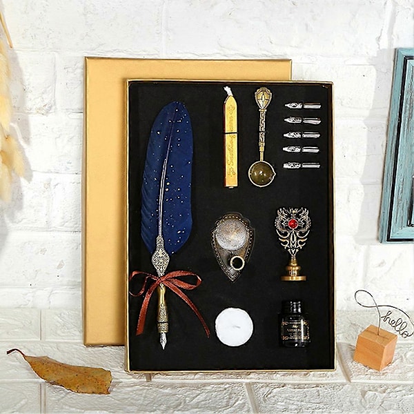 Kalligrafipenna Bläckset Vintage Fjäderpenna Dopppenna Skrivbläck Nibbsats med Sigillstämpel Vaxsigillpinnar (Svart)